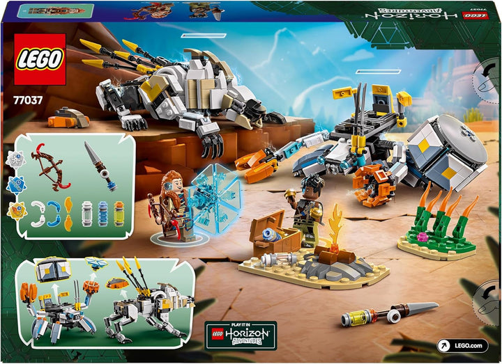 LEGO Horizon Adventures Aloy și Varl vs. Armoured Walker și Sawtooth, jucărie cu mașini monstru și minifigurine, set de colecție pentru fanii jocurilor video, băieți și fete de peste 9 ani 77037