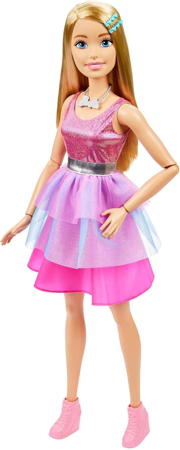 Păpușă Barbie Extra Large (71 cm) - rochie roz, păr blond cu baretă și colier, cadou pentru copii 3+, HJY02