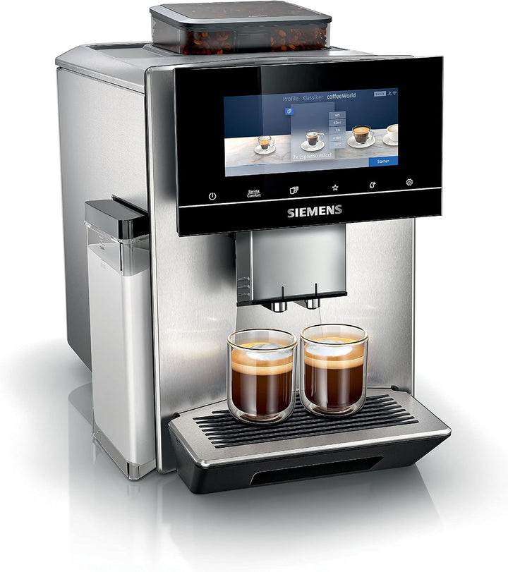 Siemens EQ900 TQ903D03 aparat de cafea complet automat, control prin aplicație, afișaj intuitiv full-touch, mod barista, stimulare aromă, reducere zgomot, râșniță premium, curățare automată cu abur, 1500 W, oțel inoxidabil