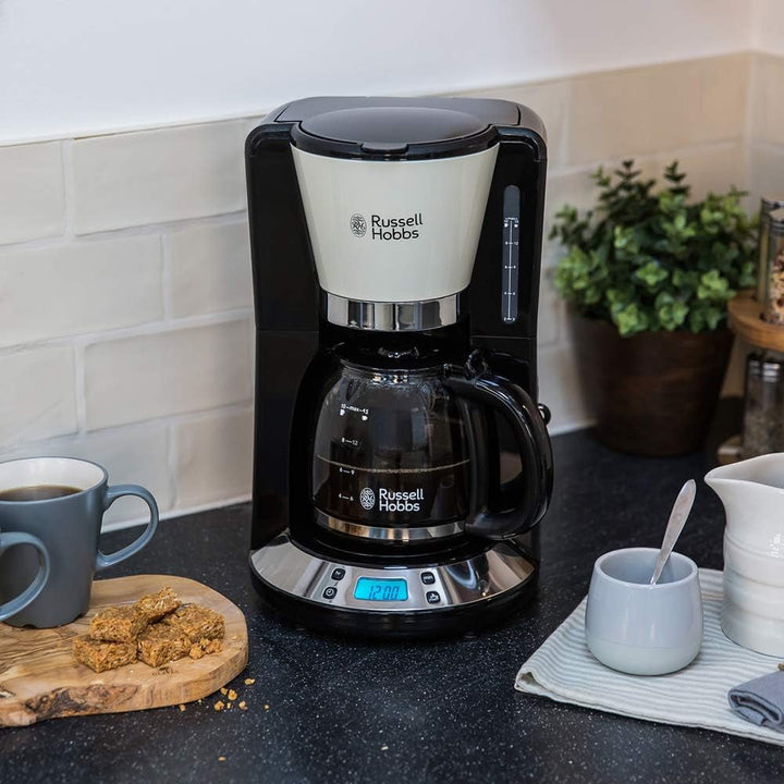 Cafetiera Russell Hobbs [cronometru digital, cap efervescent pentru extracție și aromă optime] Colours+ Cream (Max 10 cești, ulcior de sticlă de 1,25L, plită, 1100W) Filtru de cafea 24033-56