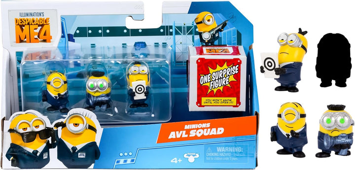 MINIONS I - Simply Incorrigible 4, pachet de 4 figurine Party Bus Troupe. Figurine de colecție înalte de 5,8 cm. Pachetul conține 3 figurine vizibile plus 1 figurină surpriză ascunsă