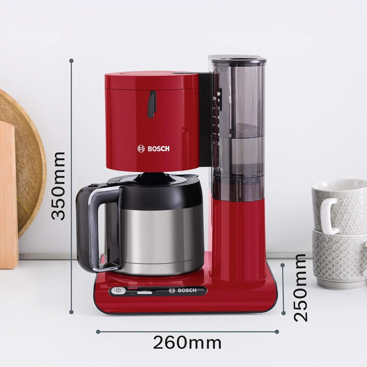 Cafetiera cu filtru Bosch Styline TKA8A054, Termos din oțel inoxidabil de 1,1 litri, Pentru 8-12 cești, Rezervor de apă detașabil, Stop picurare, Suport filtru pivotant, Compartiment de depozitare cablu, 1100 W, Roșu