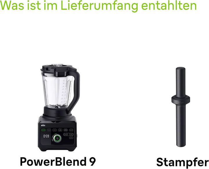 Braun Hochleistungsmixer Powerblend 9 JB9040 – Standmixer Mit Glas-Mixkrug, 18 Mixprogramme, 10 Geschwindigkeiten + Pulsfunktion, Heiße Suppen Funktion, Reinigungsprogramm, Stampfer, 1600 W, Schwarz