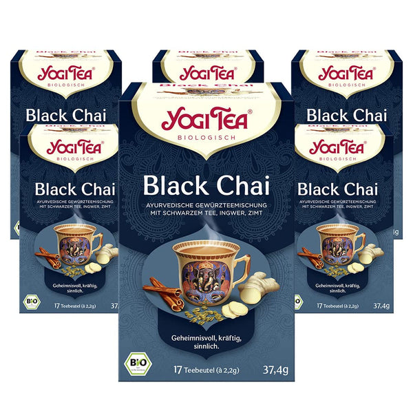 YOGI TEA, Black Chai, Chai negru, ceai ayurvedic organic cu condimente și plante, amestec de ceai negru, ghimbir, scorțișoară, Yogi Tea pachet de 6, 6X17 pliculețe (102 pliculețe de ceai în total), ideal ca cadou
