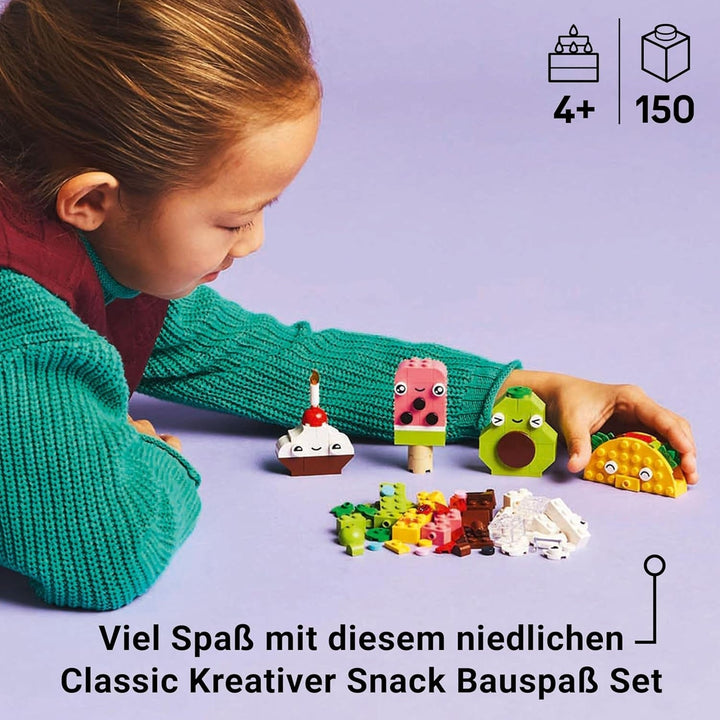 LEGO Classic Creative Snack Building Fun, jucărie cu mâncare pentru jocuri de rol imaginative, set de construcție pentru băieți și fete de la 4 ani, Cupcake, Avocado, Popsicle și Taco 11039