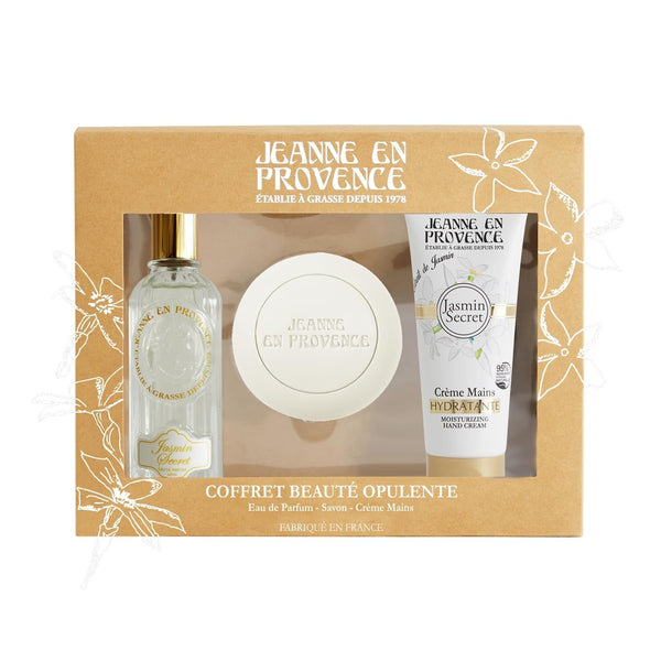 - Set cadou pentru femei – Jasmin Secret – Apă de parfum 60 ml + Cremă de mâini 75 ml + Săpun solid 100 g – Fabricat în Franța, la Grasse