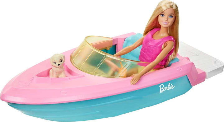 Barbie Speedboat Set, păpușă Barbie cu păr blond, vestă de salvare roz, barcă, cățel, accesorii, cadouri pentru copii cu vârsta peste 3 ani, Grg30