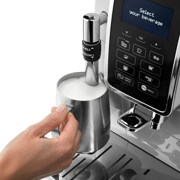 De'Longhi Dinamica ECAM 350.35.SB mașină de cafea complet automată cu spumă de lapte profesională pentru cappuccino, espresso, cafea și cafea lungă Butoane de selecție directă, afișaj digital cu text simplu, funcție pentru 2 cești, argintiu