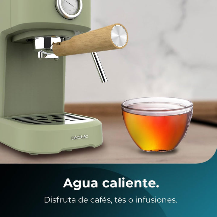Espressoare Cecotec Compact Power Espresso 20 Retro Green 1100 W, 20 bar, sistem termoblock, abur pivotant, braț pentru filtru cu ieșire dublă și 2 filtre, 1,25 litri