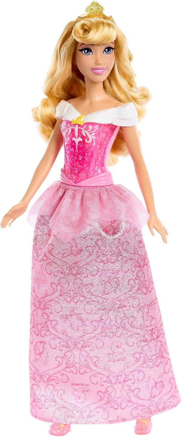 Mattel DISNEY Prințesa Aurora - păpușă cu ținută tipică, pantofi detașabili și diademă, top strălucitor și fustă detașabilă cu model, păr lung de coafat, HLW09