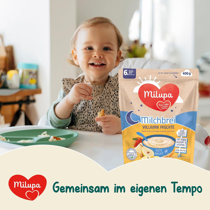 Milupa Milchbrei Vollkorn Früchte – Babybrei Ohne Palmöl – Frei Von Konservierungs- Und Farbstoffen – Ab Dem 6. Monat – 4 X 400 G (Packung Mit 2)