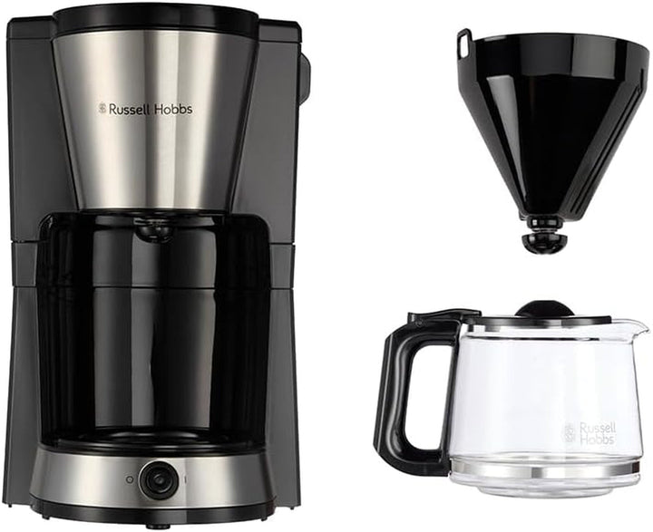 Cafetieră Russell Hobbs (filtru de cafea, ulcior de sticlă de 1,25L, 10 cești, funcție de menținere la cald 40 min., oprire prin picurare, oțel inoxidabil periat, funcție Brew-Now, lumină albastră) Heaton 27400-56