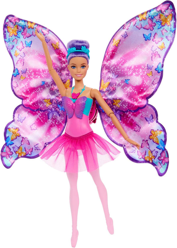 Păpușa Barbie Dance And Flutter cu transformare 2 în 1 de la dansatoare la fluture cu aripi care se deschid, păr violet, bijuterii de păr și tutu detașabil, HXJ10