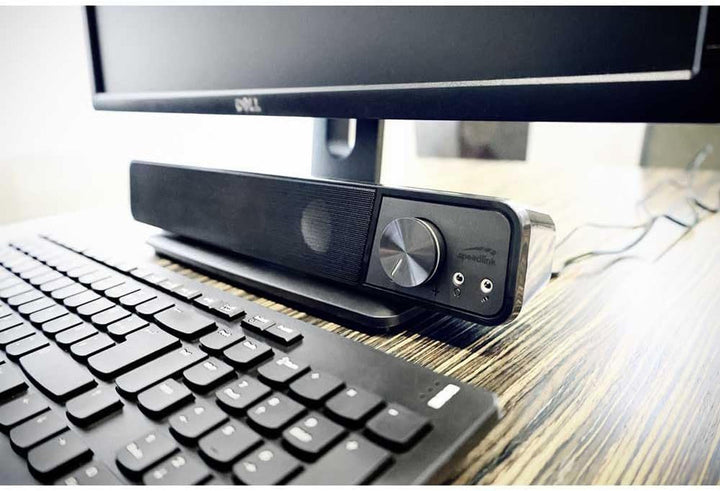 Speedlink BRIO Stereo Soundbar – Computer-Soundbar, Exzellente Audioqualität, 12 Watt, 2X 3,5Mm-Klinkenstecker Anschluss, USB a Stecker, Lautstärkeregler, Kopfhörer- & Mikrofonbuchse, Schwarz