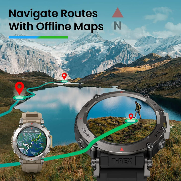 Amazfit T-Rex Ultra 47mm smartwatch în aer liber, GPS dual-band, import de rute și navigație 6, suport pentru freediving și rezistență la apă 10 ATM, funcționare la temperaturi ultra scăzute -30 ° în calitate militară