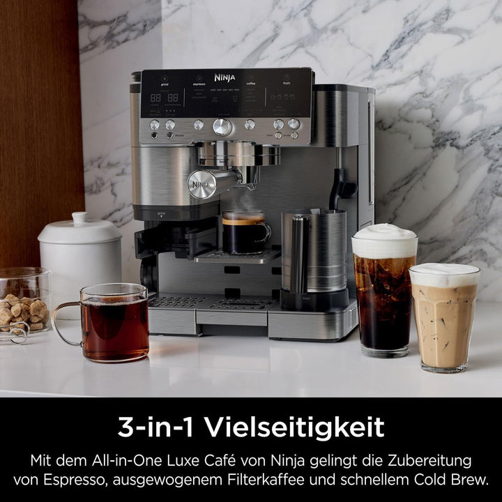 Cafetieră Ninja Luxe Premier 3 în 1 cu râșniță și spumator pentru latte, cappuccino, Cold Brew și espresso, ușor de utilizat, 4 presetări de spumare, argintiu, ES601EU