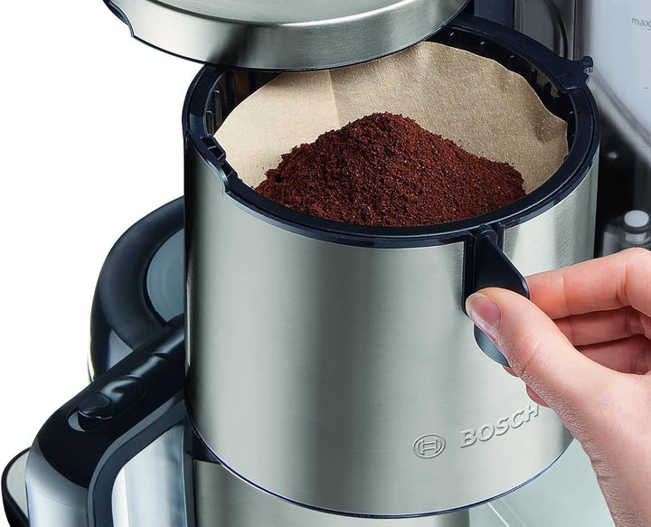 Bosch filtru de cafea Styline TKA8A681, senzor de aromă, cană termo din oțel inoxidabil 1,1 L, pentru 8-12 cești, oprire automată, sistem de detartrare, opritor de picurare, rezervor de apă detașabil (1 L), 1100 W, alb