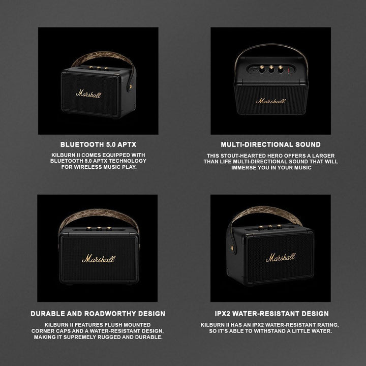 Marshall Kilburn II Difuzor portabil Bluetooth rezistent la apă, fără fir - negru și alamă