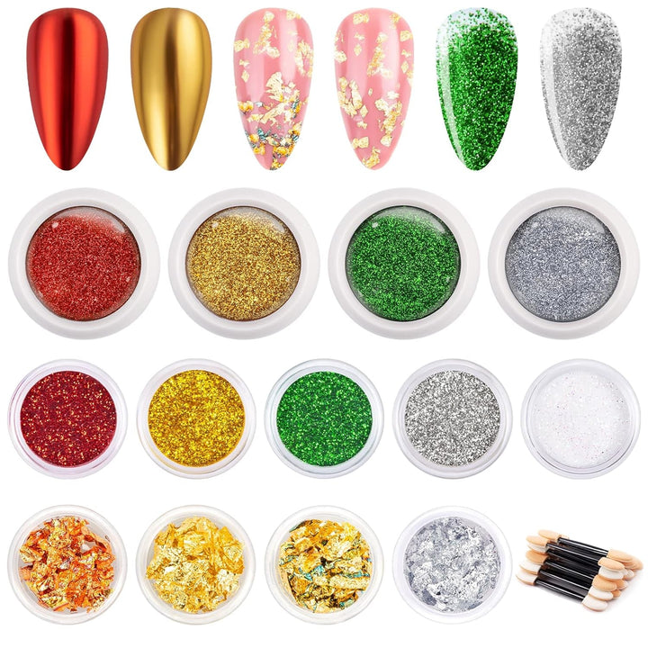 24 Farben Glitzer Set Mit Blattgold Und Glitzerpulver, Nageldesign Zubehör Pailletten Basteln Nail Art Glitter Mit Pinsel Für Nägel Gesicht Körper DIY Nagelkunst Make Up