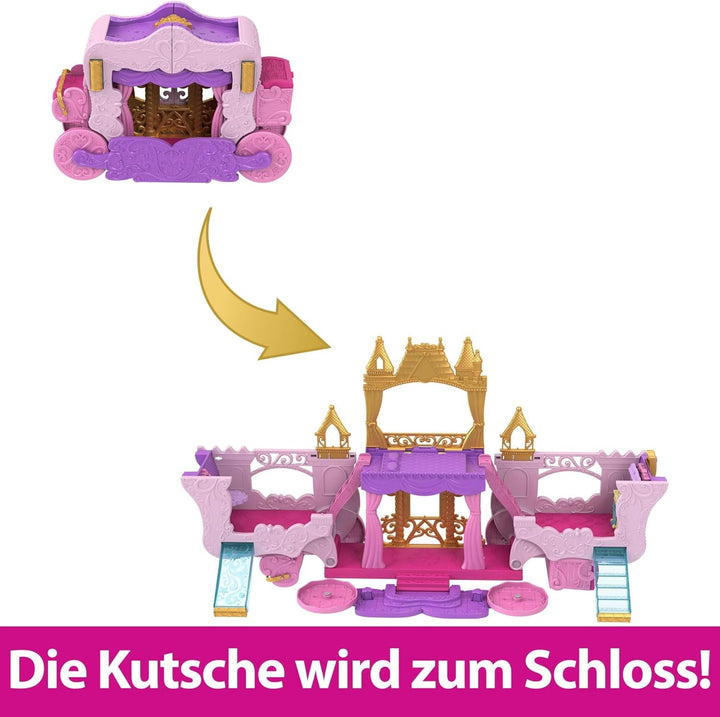 Mattel Disney Princess Transforming Playset Carriage to Castle With Little Aurora Doll, 3 nivele, 6 zone de joc, 4 figuri, mobilier și accesorii HWX17