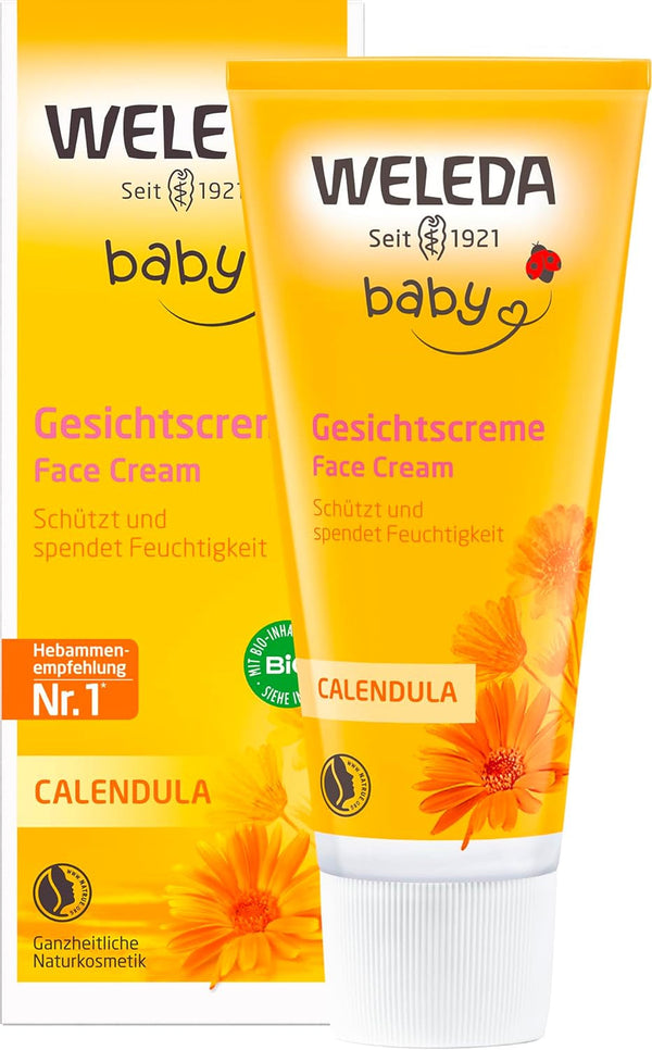 WELEDA Organic Baby Calendula Face Cream - Cremă hidratantă cosmetică naturală cu ulei de migdale și ceară de albine pentru îngrijirea pielii uscate. Cremă naturală de îngrijire facială pentru bebeluși și copii (1x 50ml)