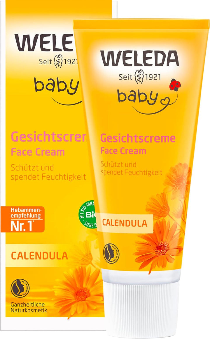 WELEDA Organic Baby Calendula Face Cream - Cremă hidratantă cosmetică naturală cu ulei de migdale și ceară de albine pentru îngrijirea pielii uscate. Cremă naturală de îngrijire facială pentru bebeluși și copii (1x 50ml)