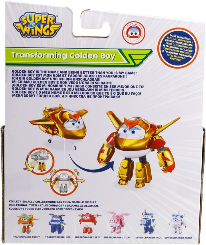 Super Wings EU750231 - Avion transformabil Golden Boy, aprox. 20,5 cm, figurină mare de joacă pentru copii, avion de jucărie transformabil și figurină robot