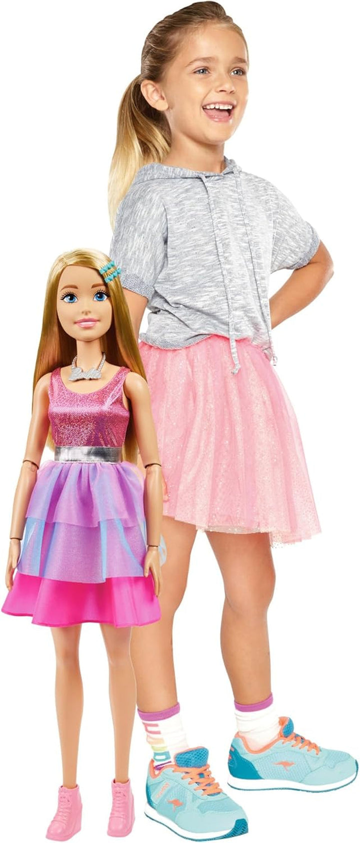 Păpușă Barbie Extra Large (71 cm) - rochie roz, păr blond cu baretă și colier, cadou pentru copii 3+, HJY02