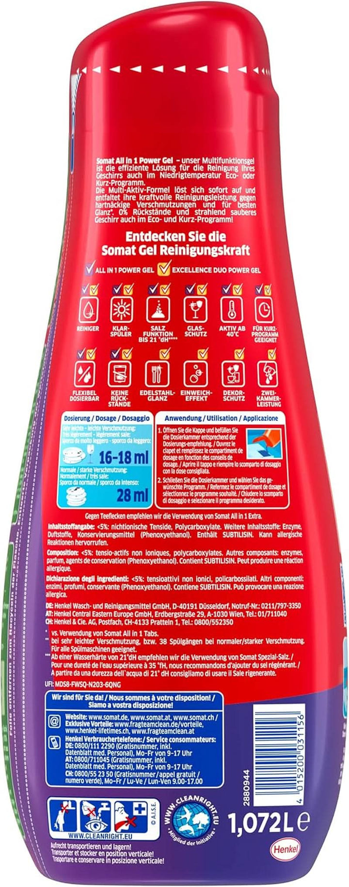 Somat All in 1 Power Gel (67 cicluri de clătire), Lichid de spălat vase pentru curățare puternică