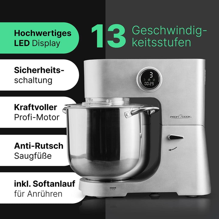 Proficook® Küchenmaschine Mit XXL 12L Schüssel | Knetmaschine Mit 2500W Longlife-Profi-Motor | Metallgetriebe Und Led-Display | Food Processor Für Bis Zu 8,5 Kg Teig |13 Geschwindigkeiten | PC KM 1254