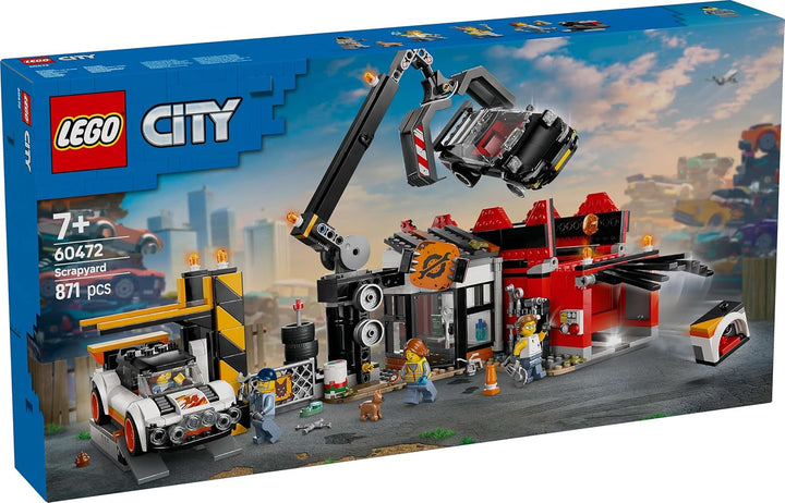 Depozit de fier vechi LEGO City cu mașini - jucărie cu presă de fier vechi și macara, 2 mașini de jucărie, 4 minifigurine muncitoare și clădire de birouri - cadouri aniversare pentru băieți și fete de la 8 ani 60472