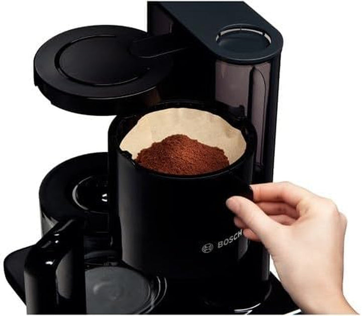Espressor cu filtru Bosch Styline TKA8013, senzor de aromă, carafă din sticlă cu protecție a aromei, 1,25 l, pentru 10-15 cești, oprire automată, sistem de detartrare, sistem anti-picurare, suport pentru filtru rotativ, 1160 W, negru
