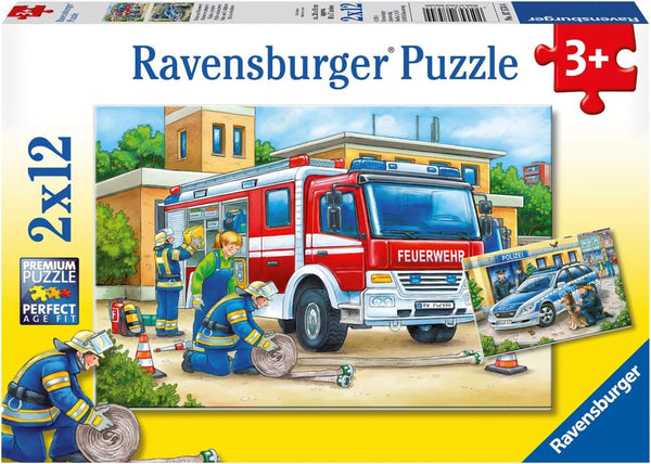 Ravensburger Puzzle pentru copii - 07574 Poliția și pompierii - Puzzle pentru copii de la 3 ani, cu 2X12 piese