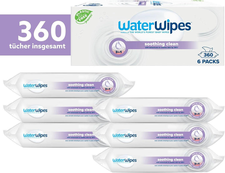 Waterwipes Lindernde Säuberndebabytücher, 360 Tücher (6 Packungen), Mit 99% Wasser & Botanischen Extrakten, Feuchttücher Für Gesicht & Körper