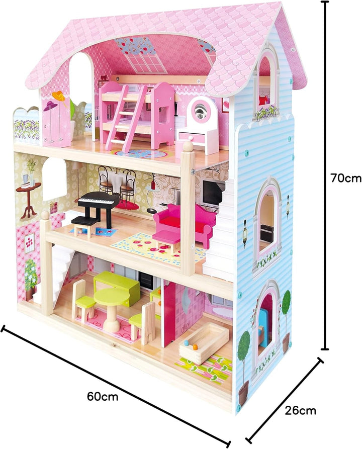 Bino World of Toys Casă de păpuși cu balcon, Jucărie pentru copii mici de la 3 ani, cu 3 etaje, scări, 4 camere și balcon incl. 15-TLG. Accesorii, Pentru a promova abilitățile copiilor, Design roz