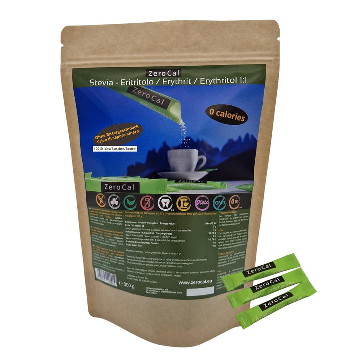 Zerocal - 1:1 (Erythrit + Stevia) 100 Sticks Je 3 G | Ideal Zum Süßen Von Kaffee, Tee Und Andere Getränke | Gleiche Süßkraft Von Zucker | Glutenfrei, Vegan, Gmo-Free | Kalorien Und GI = 0