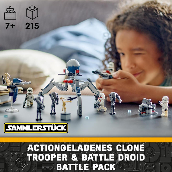 LEGO Star Wars 75372 Clone Trooper & Battle Droid Battle Pack, Incl. 4 minifigurine, 5 droizi și motocicletă speeder cu shooter - Jucărie de construcție pentru băieți și fete cu vârsta de peste 7 ani