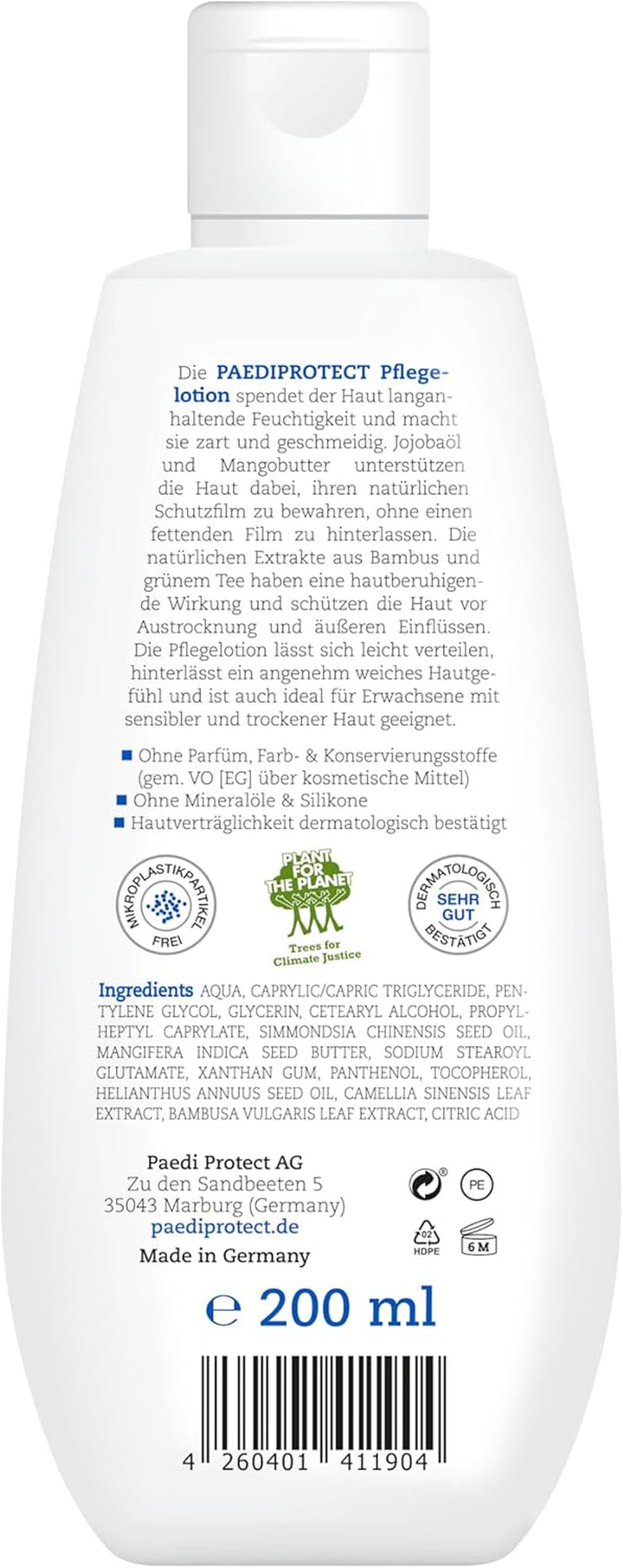 PAEDIPROTECT loțiune de îngrijire pentru bebeluși și copii 200 ml, loțiune de îngrijire cu pantenol, îngrijire hidratantă cu ulei de jojoba și unt de mango, pentru pielea sensibilă și uscată a bebelușilor și copiilor, loțiune vegană