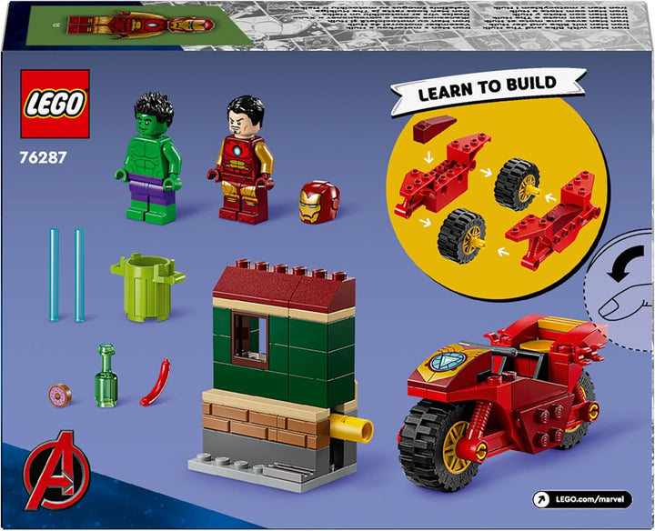 LEGO Marvel Iron Man cu bicicletă și Hulk, jucărie de construit supereroi pentru copii, set de colecționat cu bicicletă și minifigurine, cadou pentru fete și băieți de la 4 ani 76287