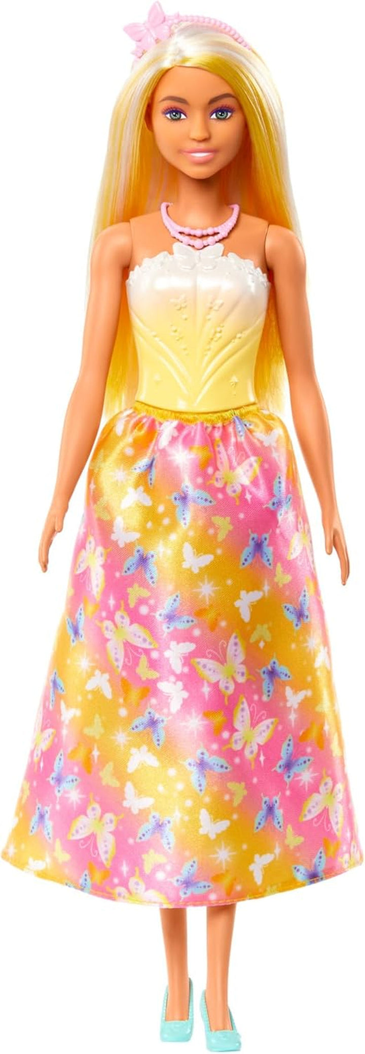 Păpușă Barbie Royal cu păr fantezist cu șuvițe colorate, accesorii colorate, top galben cu gradient și fustă cu model fluture, HRR09