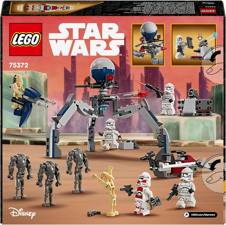LEGO Star Wars 75372 Clone Trooper & Battle Droid Battle Pack, Incl. 4 minifigurine, 5 droizi și motocicletă speeder cu shooter - Jucărie de construcție pentru băieți și fete cu vârsta de peste 7 ani