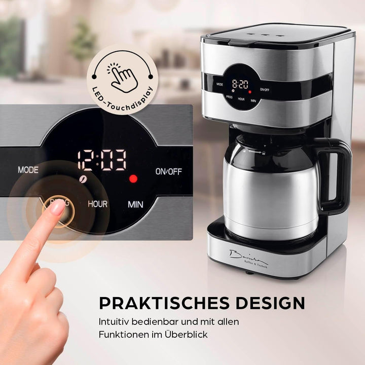 Espressor cu filtru Barista cu termos | Temporizator 24h și filtru permanent | Pentru 8 cești de cafea | Espressor pentru cafea măcinată [Oțel inoxidabil]