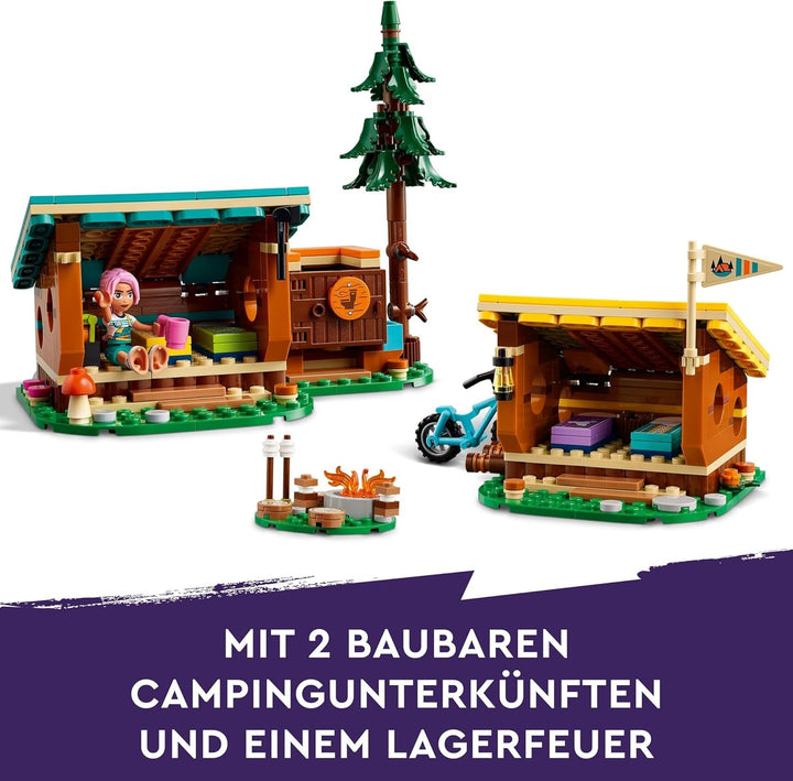 LEGO Friends Cosy Huts At Adventure Camp, Playset pentru jocuri de rol în aer liber, jucărie pentru copii pentru fete și băieți de la 7 ani cu 3 figurine și vulpe, jucărie de camping 42624