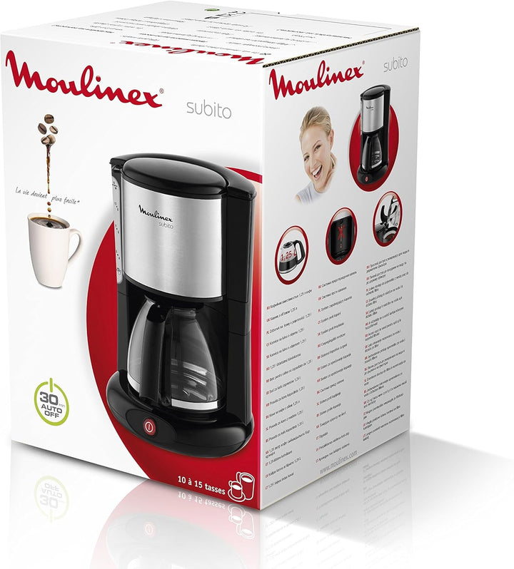 Moulinex FG360811 Cafetieră din sticlă Subito oțel inoxidabil mat, negru, 15 cești