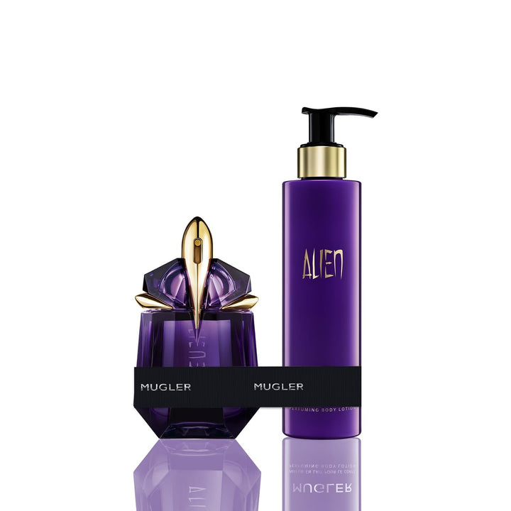 MUGLER Alien Eau De Parfum, Parfum de damă, Chihlimbar, Lemnos și Floral, Parfum excepțional, Reîncărcabil, 30 ml + Loțiune de corp parfumată MUGLER Alien, 200 ml