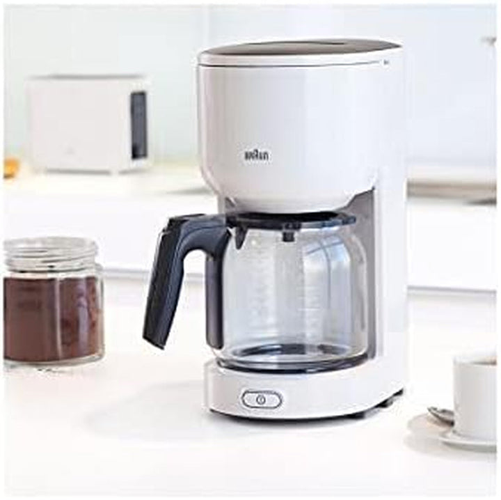 Cafetiera Braun Purease KF 3120 WH - Cafetieră cu filtru cu ulcior din sticlă pentru 10 cești de cafea, cafetieră pentru o aromă unică, filtru de apă integrat, 1000 wați, alb