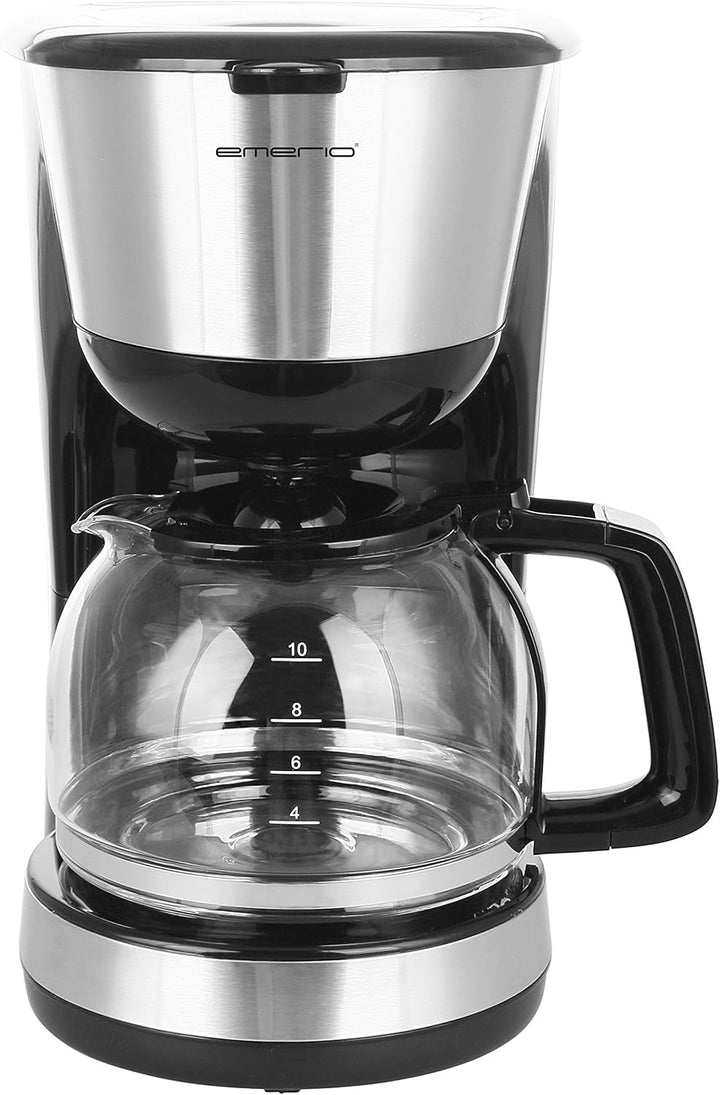 Emerio CME-122933, Cafetieră cu filtru, 1,25 l pentru până la 10 cești de cafea proaspătă, filtru permanent detașabil, funcție anti-picurare, cafetieră din sticlă, oprire automată, 1000 wați, negru/argintiu