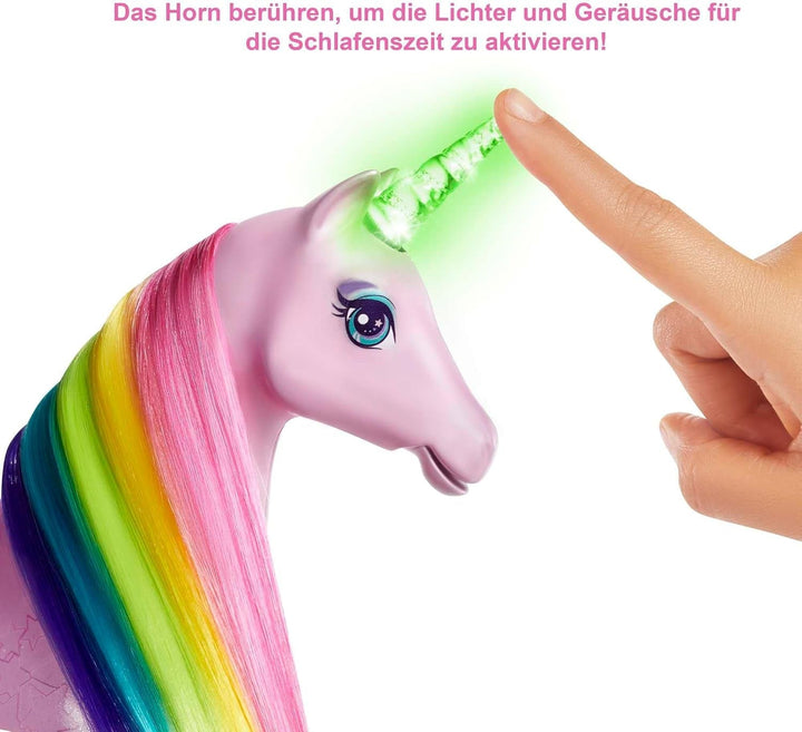 Barbie Dreamtopia Magical Magic Light Unicorn, cu 25+ lumini și sunet, incl. păpușă Barbie și unicorn, cadou pentru copii, jucărie de la 3 ani, GWM78