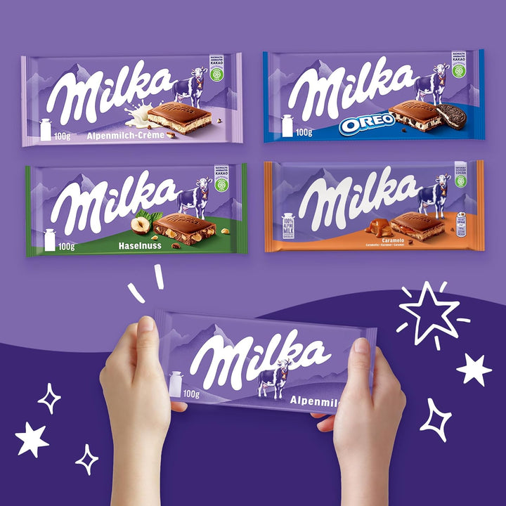 Milka Selection Box 1 Kg I 10 Schokoladentafeln Á 100G I 5 Verschiedene Milka Sorten I Inkl. Alpenmilch, Alpenmilchcréme, Haselnuss, Karamell, OREO I Tafelschokolade Geschenkbox I Schokoladen Geschenk