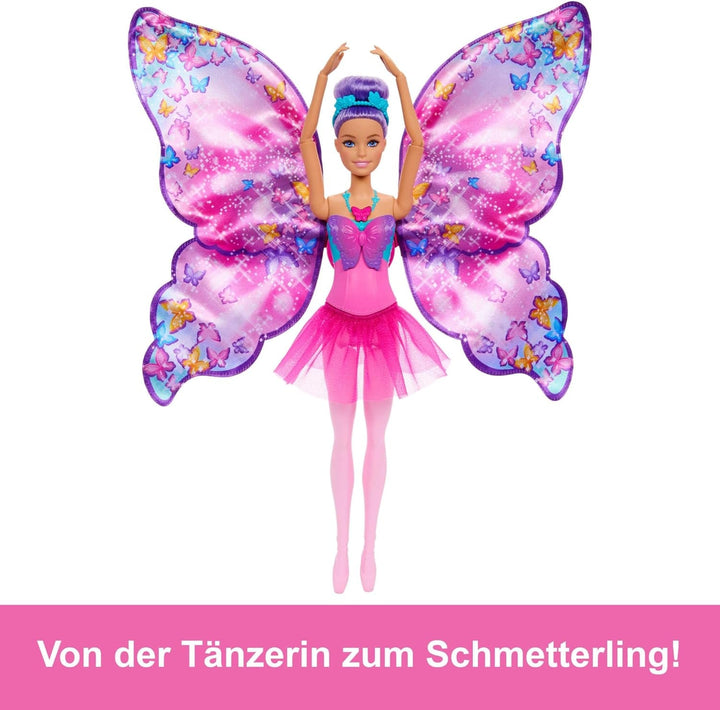 Păpușa Barbie Dance And Flutter cu transformare 2 în 1 de la dansatoare la fluture cu aripi care se deschid, păr violet, bijuterii de păr și tutu detașabil, HXJ10